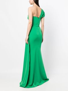 Rhea Costa one-shoulder Gathered Dress - Farfetch Green Drapes, Gathered Dress, Grass Green, Flared Skirt, Flare Skirt, Green Dress, Floor Length, One Shoulder, Fashion Branding