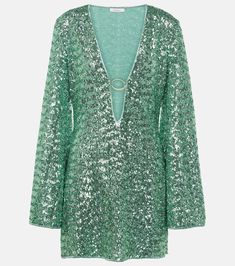 Sequined beach dress in green - Oseree | Mytheresa Summer V-neck Mini Dress For Evening, Stretch Beachwear Dress For Beach Cover-up, Summer Beach Dress For Party With Stretch, Summer Stretch Beach Dress For Party, Fitted V-neck Mini Dress For Beach Cover-up, Chic Stretch Dresses For Vacation, Summer Evening Stretch Sequin Dress, Stretch Summer Evening Dress, Summer Evening Dress With Stretch