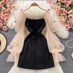 Cute bubble sleeve dress, high waist, mesh stitching Square Neck Dress Long Sleeve, Square Neck Dress Long, Puff Sleeve Black Dress, Bubble Fashion, Gorgeous Wedding Dress Princesses, Bubble Sleeve Dress, Princess Bridal Gown, Sleeve Black Dress, Most Beautiful Wedding Dresses