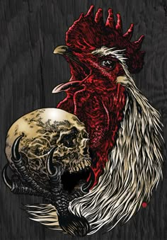 two roosters with skulls on their backs