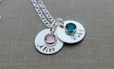 A beautiful sterling silver mothers necklace. Choose number of discs you would like as you add necklace to your cart. 5/8 inch round sterling silver discs will be stamped with the names of your choice. Approx 10 letters each (depending on width of letters). Please leave names and corresponding birthstone month in note to seller at checkout. Discs have a brushed finish and edges hammered. Necklace includes two Swarovski crystal birthstones. Measure 6 mm and are silver plated see last photo for op Custom Name Round Necklace For Mom, Custom Name Necklace As Gift For Mom, Silver Name Necklace With Birthstone In Round Pendant, Personalized Sterling Silver Birthstone Necklace, Customizable Round Birthstone Necklace For Personalized Gift, Birthday Sterling Silver Round Name Necklace, Customizable Birthstone Necklace For Personalized Gift, Personalized Round Birthstone Necklace For Birthday, Personalized Silver Jewelry With Round Stone