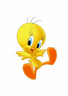 a yellow bird with blue eyes and orange feet is flying through the air while smiling