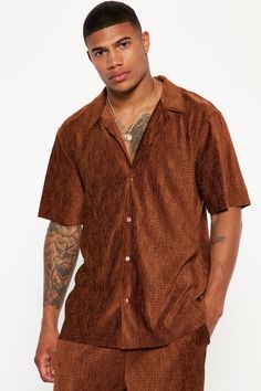 Model Height: 6'2 - Wearing Large Big & Tall: Height 6'3- Wearing XXXL Available In Chocolate. Fold Down Collar Front Button Closure Short Sleeve 100% Polyester Pair With "Ghost Textured Pant" Imported | Mens Wavy Textured Short Sleeve Cuban Shirt in Chocolate Brown size 2XL by Fashion Nova Cuban Shirt, Cuban Shirts, Tall Height, Chocolate Fashion, Mens Button Up, Big & Tall, Model Height, Chocolate Brown, Fashion Nova