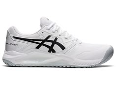 the white and black asics shoes are on display in front of a white background