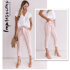 Take On A Relaxed Silhouette All Season In This One And Only Stripe Trousers In Blush And White Pinstripes With A Tie Belt. Features A Trendy Paperbag Waist With Hidden Clasp, Wide Waistband With Removable Tie Sash, Front Slash Pockets And Tapered Ankle With A Flattering, Crop Silhouette. Pair These With Neutral Heels & Clutch For A Magazine Cover Worthy Chic Look! *Sold Out Online. Blush/White Pinstripes Style #50107 High Paper Bag Elastic Waist Removable Tie Sash Front Slant Pockets Zip-Clasp Summer Tapered Leg Pants With Tie Waist, White Business Casual Pants For Summer, White Summer Pants With Tie Waist, Business Casual Paperbag Waist Pants For Spring, Summer Business Casual Paperbag Waist Pants, Trendy White Pants For Business Casual, White Bottoms With Tie Waist For Day Out, Trendy White Business Casual Pants, Trendy White Paperbag Waist Bottoms