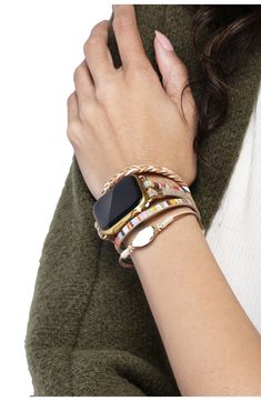 Metallic accents shimmer on a braided strap that shows off your Apple Watch and wraps around the wrist to serve as a stunning accessory. Apple Watch not included Compatible with Series 1–7 Apple Watch Synthetic/leather/goldtone plate/stainless steel/stone Imported Stacking Bracelets With Apple Watch, I Watch Bands For Women, Bracelet Stack With Apple Watch, Apple Watch Band Ideas, Apple Watch Stack, Apple Watch Bracelet Stack, Work Wardrobe Essentials, Cute Apple Watch Bands, Apple Watch Bands Fashion