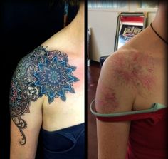 two different pictures of the same woman's back and shoulder with tattoos on them