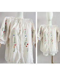 Cute vintage floral top from the 70s Made from a white cotton mixed material with embroidered flowers The neck of the top is adjustable by tying it with two laces UK size: 12 (L) - US: 8 EU: 40 Armpit to armpit: 51 cm - 20,1" Waist: 60 cm - 23,6" Length: 65 cm - 25,6" Material: no label but feels like mix between cotton and something synthetic  In perfect condition This item has been washed and steamed so that there are no more odors. This item is vintage, which means 25 years or older. Small fl Floral Crochet Top, Crochet Floral Top, Vintage Floral Top, Floral Crochet, Womens Blouses, Floral Top, The 70s, Embroidered Flowers, 25 Years