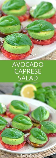 avocado caprese salad on a plate with basil leaves