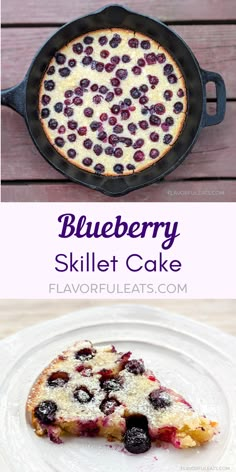 blueberry skillet cake on a white plate with the words, blueberry skillet cake