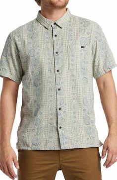 The Normal Brand Freshwater Short Sleeve Button-Up Shirt | Nordstrom Casual Patterned Shirt With Pockets, Patterned Cotton Camp Shirt With Short Sleeves, Patterned Cotton Short Sleeve Button-up Shirt, Patterned Cotton Button-up Short Sleeve Shirt, Relaxed Fit Cotton Camp Shirt In Patterned Color, Relaxed Fit Patterned Cotton Camp Shirt, Summer Patterned Shirt With Pockets, Beach Short Sleeve Cotton Shirt With Pockets, Beach Cotton Short Sleeve Shirt With Pockets