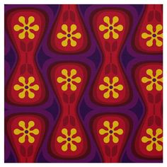 an abstract pattern with yellow and red flowers on purple background, in the style of art nouveauism