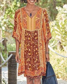 Peasant Dresses, Bohemia Style, Boho Midi Dress, Floral Retro, Half Sleeve Dresses, Dress Orange, Bohemian Floral, Retro Women, Types Of Dresses