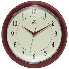 a red and white clock with numbers on the face is shown against a white background