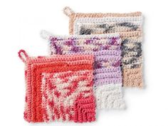 three crocheted placemats on a white background