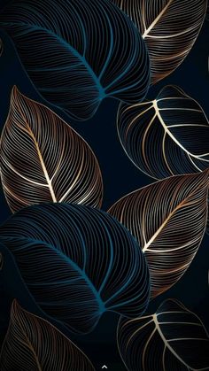 an abstract pattern with gold and blue leaves on a black background, suitable for wallpaper or fabric