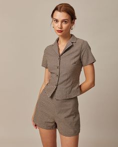 The Brown Lapel Plaid Short Sleeve Blouse & Reviews - Brown - Tops | RIHOAS Cruise Aesthetic, Body Description, 2023 Wishlist, Brown Tops, Everyday Chic, Fitted Blouses, Blouse Short Sleeve, Plaid Blouse, The Human Body