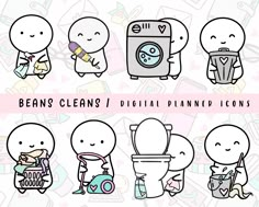 various cartoon characters are shown with the words bean's cleans, digital planner icons