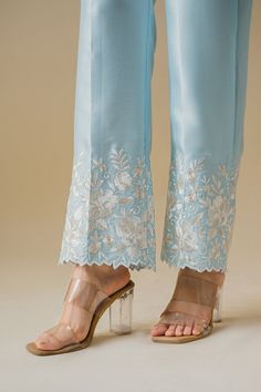 Light Embroidery Suits, Powder Blue Combinations, Bottom Designs Pants For Suits, Embroidery Designs For Pants, Pant Embroidery Design, Choli Blouse Design, Women Trousers Design, Lace Blouse Design, Light Blue Suit