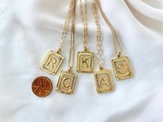 **Each piece in my shop, I personally create and photograph. (All photos are property of The Cord Gallery LLC) Thank you for supporting my small business. These stunning Initial Necklaces add a vintage and modern touch to anything you wear them with! Features a 24k gold plated square Medallion Letter Pendant with lots of texture, interest and sheen. This look is timeless and at the same time, very on-trend right now! **Pendants are 1 inch tall (including connector) by .75 inch wide. Chain length Vintage Jewelry Initial Pendant For Personalized Gift, Vintage Gold Charm Necklaces For Personalized Gifts, Vintage Personalized Charm Necklaces As Gift, Personalized Vintage Charm Necklaces As Gift, Personalized Vintage Charm Necklaces For Gift, Vintage Initial Pendant Charm Necklace As Gift, Personalized Vintage Jewelry For Everyday, Everyday Personalized Vintage Jewelry, Customized Rectangular Gold Necklace