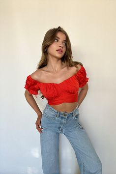 red wrap tie top with ruffle puff sleeves | game-day Puff Crop Top, Pink Puff Sleeve Top, Ruched Bust Top, Black Puff Sleeve Top, Top Puff Sleeve, Crop Top Pink, American Threads, Puff Sleeve Crop Top, Ruffle Crop Top