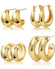 PRICES MAY VARY. Trendy Chunky Hoop Earrings Set - You will get 4 pairs women‘s thick gold hoop earrings in this set, one set can meet your various occasions and wearing needs! - Chunky earrings can perfectly add a bold and stylish touch to any outfit. - They can be worn with casual outfits, such as jeans and a t-shirt, to add a touch of glamor, or they can be paired with formal dresses to create a sophisticated and elegant look. Hypoallergenic,Lightweight & Comfortable - These thick gold hoop e Chunky Gold Earrings, Thick Gold Hoop Earrings, Gold Earrings Set, Gold Teardrop Earrings, Thick Gold Hoops, Gold Hoop Earring, Twisted Hoop Earrings, Chunky Hoop Earrings, Gold Earrings For Women