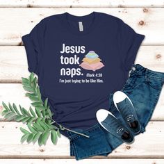 Jesus Took Naps! Trying to be like Jesus! Mark 4:38 Shirt, Funny Christian Tshirt, Funny Christian Shirt, Sarcastic Christian Shirt Bella+Canvas 3001 100% Heirloom combed and ring spun cotton (fiber content may vary for different colors) Light fabric (4.2 oz/yd² (142 g/m Retail fit Tear away label Runs true to size PLEASE CHECK THE SIZE CHART IN THE PHOTOS AGAINST YOUR FAVORITE SHIRT, sizes are measured by laying the shirt flat and measuring across in inches. Care Instructions: Machine wash: war Funny Christian Tshirt, Graduation Video, Christian Shirts Funny, Be Like Jesus, Christian Shirts Designs, Church Shirt, Christian Tshirt, Video Invitation, Christian Humor