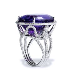 Crafted in 18kt white gold, this ring features a 22.70ct Amethyst center gemstone. The Amethyst is showcased in a beautifully ornate setting that features .75ct of H-VS graded pave set diamonds. SKU: 07287 Luxury Platinum Amethyst Ring In Silver, Diamond Cocktail Ring, Ladies Ring, Diamond Cocktail Rings, Store Hours, Selling Jewelry, Cocktail Ring, Cocktail Rings, Time Piece