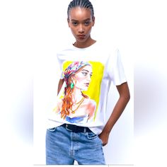 Zara Girl Print T-Shirt 100% Cotton Round Neck New With Tags Size S White Cotton T-shirt With Fashion Print, Casual Cotton Shirt With Fashion Print, Summer Tops With Fashion Print And Relaxed Fit, Summer Fashion Print Tops With Relaxed Fit, White Casual Shirt With Fashion Print, Casual White Shirt With Fashion Print, Zara Graphic Tee For Streetwear, Zara White Graphic Tee, Zara Graphic Tee Cotton T-shirt