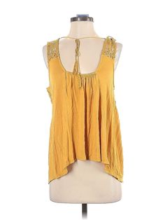 Tru Self Sleeveless Blouse Size: Small Tops - used. 100% RAYON | Tru Self Sleeveless Blouse: Gold Tops - Size Small Sleeveless Stretch Blouse For Vacation, Casual Rayon Tops For Festivals, Summer Sleeveless Viscose Camisole, Yellow Stretch Sleeveless Halter Top, Stretch Sleeveless Blouse Tank Top For Vacation, Sleeveless Viscose Camisole For Summer, Bohemian Sleeveless Camisole For Day Out, Vacation Tank Vest Blouse, Bohemian Stretch Sleeveless Tank Top