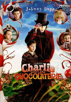 charlie and the chocolate factory movie poster with many pictures on it's back cover