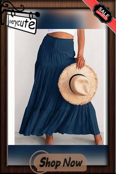 Navy Blue Bohemia Pleated High Waist Maxi Skirt Casual Non-stretch Maxi Skirt For Beach, Blue Tiered Skirt For Vacation, Blue Spring Maxi Skirt, Blue Maxi Skirt For Spring And Summer, Non-stretch Skirted Bottoms For Beach, Non-stretch Blue Skirt For Summer, Blue Relaxed Fit Maxi Skirt For Vacation, Bohemian Skirted Bottoms In Blue, Bohemian Blue Skirted Bottoms