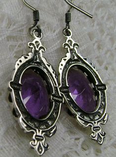 Purple Amethyst Earrings, Edwardian Jewelry, Pin Design#E18 with traditional Ear Wire Closures Ornate Purple Jewelry With Matching Earrings, Ornate Purple Drop Earrings, Ornate Purple Dangle Earrings, Ornate Purple Pierced Earrings, Ornate Purple Dangle Jewelry, Vintage Amethyst Purple Earrings, Ornate Purple Sterling Silver Earrings, Gothic Oval Gemstone Jewelry, Oval Gemstone Gothic Jewelry