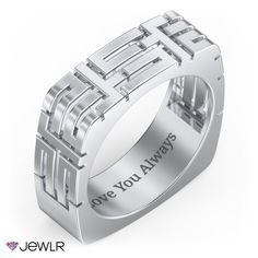 This one-of-a-kind ring is designed with a geometric pattern of clean cut shapes, which gives the person wearing it a modern edge. For a sentimental touch, engrave a special message, date, or name on the inside of the band. This square ring is available to be made in your choice of sterling silver or gold metal. Modern Rectangular White Gold Ring, Modern White Gold Rectangular Ring, Modern Rectangular Signet Promise Ring, Modern Rectangular Signet Ring For Promise, Modern Square Cut Anniversary Ring, Modern Square Cut Rings For Anniversary, Modern Square Cut Ring For Anniversary, Modern Rectangular Ring For Anniversary, Modern Rectangular Jewelry For Anniversary