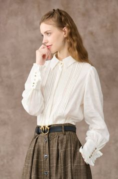 Jo March 31 | Accordion Pleated Linen Shirt Pleated Long Sleeve Shirt For Work, Long Sleeve Pleated Shirt For Work, Chic Pleated Button-up Blouse, Elegant Button-up Blouse With Pleated Sleeves, Elegant Shirt With Gathered Sleeves For Spring, Elegant Button-up Top With Gathered Sleeves, Chic Workwear Shirt With Gathered Sleeves, Chic Pintucks Blouse For Fall, Fitted Button-up Blouse With Gathered Sleeves