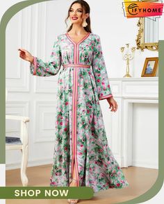 Women's Arabian Polyester Full Sleeves Floral Pattern Dress V-neck Floral Print Dress For Eid, Floral Print Dress For Eid Vacation, Floral Print Vacation Dress For Eid, Pink Printed Dress For Eid, Fitted Casual Dress For Eid, Eid Pink Printed Dresses, Casual Fitted Dresses For Eid, Printed V-neck Dress For Eid, Long Floral Print Dresses For Eid