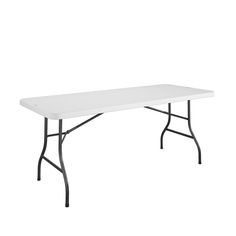 a white rectangular table with black legs on a white background in front of a white backdrop