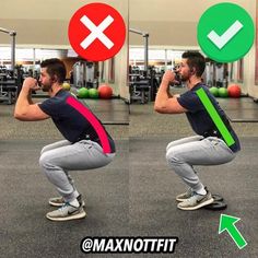 a man doing squats in the middle of a gym with two arrows pointing to each other