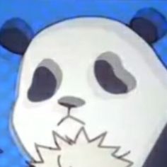 a cartoon panda bear with its mouth open and eyes wide open, standing in front of a blue background