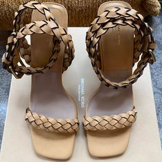 Brand New / Never Worn Michael Kors Collection Pippa Woven Leather Sandal In Wheat (Size It 41). Includes Box, Dust Bag, And All Original Packaging. Beige Leather Sandals With Wrapped Heel, Beige Leather Heels With Wrapped Heel, Leather Sandals With Woven Detail And Block Heel, Woven Leather Sandals With Block Heel, Beige Calf Leather Sandals With Heel Strap, Woven Leather Heels With Round Toe, Woven Leather Block Heels, Designer Woven Leather Heels, Beige Woven Leather Heels