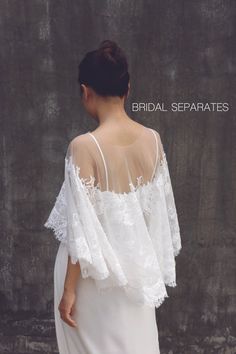 Handmade romantic bridal cape by yours truly. Standard size Length : Front length 30 cm/ 12 in Back length 50 cm/ 20 in Color : Light ivory Materials : tulle, French lace Details: Sheer illusion bridal lace cape with Chantilly French lace and eyelash lace trim Shop other BRIDAL CAPES here : http://etsy.me/2zd6PZj Turnaround time: Due to the delicate nature of the handcrafted goods we produce this cover up has creation time of approximately 3-8 days Estimated shipping times: North America: 8-20 b White Wedding Gown With Cape Sleeves, Capelet Wedding Dress, Wedding Dress Capelet, Wedding Dress Cape, Wedding Dress Cover Up, Bridal Capelet, Wedding Bolero, Dress Cape, Lace Cape