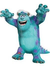 a blue and purple monster costume with hands in the air, on a white background