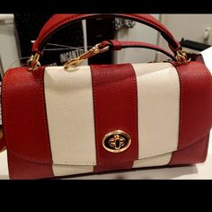 Authentic Coach Leather Bag With Red Qnd Off White Stripes. Crossbody Straps Included. Coach Red Satchel With Detachable Handle, Coach Red Satchel With Detachable Strap, Trendy White Satchel With Gold-tone Hardware, Red Coach Satchel With Top Handle, Red Coach Shoulder Bag With Detachable Handle, Trendy Red Coach Shoulder Bag, Trendy Red Coach Bag, Coach Red Crossbody Satchel, Coach Red Satchel With Adjustable Strap