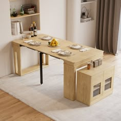 a wooden table with plates and bowls on it