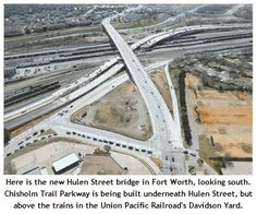 an aerial view of a highway intersection with the caption'here is the new hulmen street bridge in fort worth, looking south