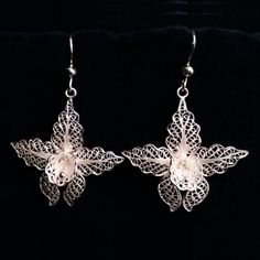 "Orchid Earrings - Filigree Jewelry - Sterling Silver Earrings - Beautiful Earrings - Flower Earrings - Dangle Earrings - Romantic Earrings Filigree - delicate jewellery technique made from silver or golden threads \"embroidering\" kind of metalwork lace that is specific to Spain, especially an Andalusian town Cordoba, where they call it a cordobese filigree. This craftsmanship has been passed from generation to generation, nonetheless nowadays there are very few craftsmen left who know to perfo Elegant Flower-shaped Hoop Earrings Gift, Sterling Silver Flower Earring, Sterling Silver Flower Single Earring, Elegant Pierced Flower Earrings, Ornate White Dangle Earrings, Elegant Filigree Earrings For A Gift, Ornate White Pierced Earrings, Silver Single Elegant Flower Earring, Elegant Flower Shaped Chandelier Earrings