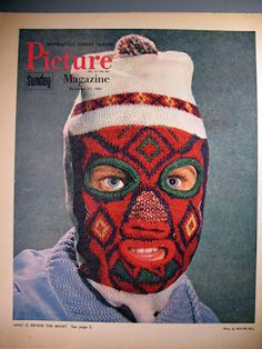 a magazine cover with an image of a person wearing a red face mask and hat