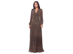 XSCAPE Long Sleeve Metallic V-Front Dress - Women's Evening : Black/Bronze : ; Embrace a graceful and glamorous style by adorning yourself with the XSCAPE Long Sleeve Metallic V-Front Dress. Surplice V-neckline and long sleeves. Gathered detailing on the bodice. Zippered back closure. Floor-length skirt. 53% polyester, 47% metallic fibers. Spot clean. Imported. Chic Long Sleeve V-neck Evening Dress, Fall Party V-neck Maxi Dress, Elegant Long Sleeve V-neck Dress For Night Out, Fall Cocktail V-neck Maxi Dress, Winter Evening Maxi Dress With V-neck, Fitted V-neck Long Sleeve Evening Dress, Fitted V-neck Long Sleeve Dress For Evening, Fitted Long Sleeve V-neck Dress For Evening, Chic Long Sleeve V-neck Dress For Formal Events