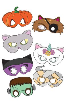 four masks with different designs on them, one is wearing a cat mask and the other has