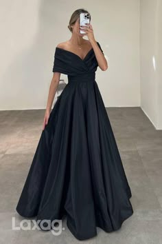 22045 - A line Off Shoulder Ruched Long Formal Evening Dress – Laxag Elegant Dresses Off Shoulder, Black One Shoulder Gown, Party Gowns Evening Dresses Elegant, Long Black Elegant Dress, Black Prom Dress Outfit Ideas, Off Shoulder Gown Evening Dresses, Black Engagement Dress, Black Dress For Party, Off Shoulder Satin Dress